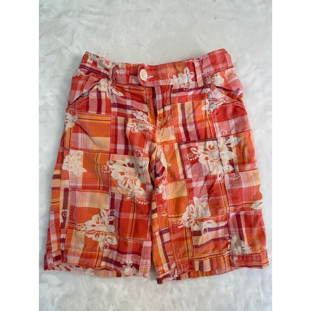 Old Navy Girls Orange Pink Patchwork Plaid Floral Hibiscus Shorts‎ Size 12